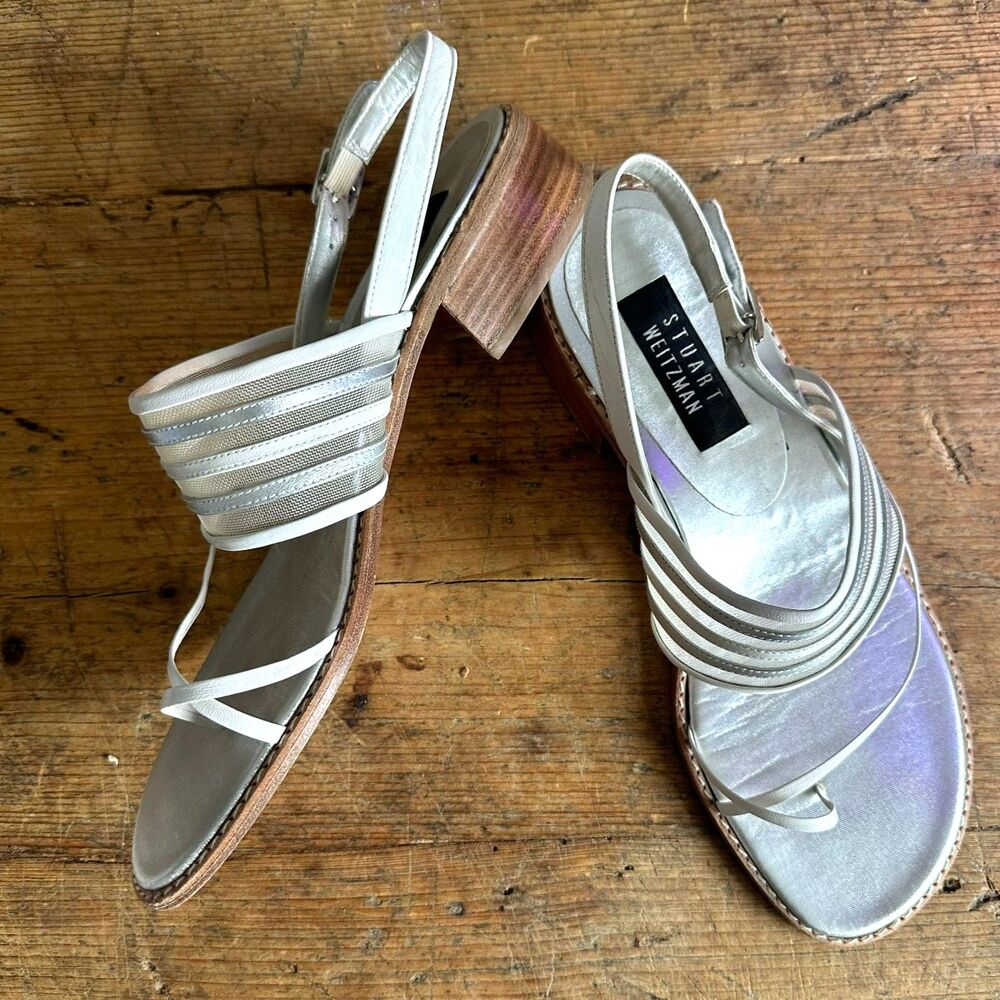 Stuart Weitzman Sandals Sz 10 Silver White Strappy Toe Ring Short Heel Slingback